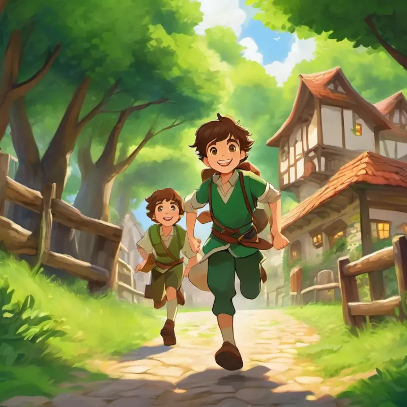 The village celebrating Brown hair, bright green eyes, brave and determined boy as a hero, people cheering and Brown hair, bright green eyes, brave and determined boy smiling.