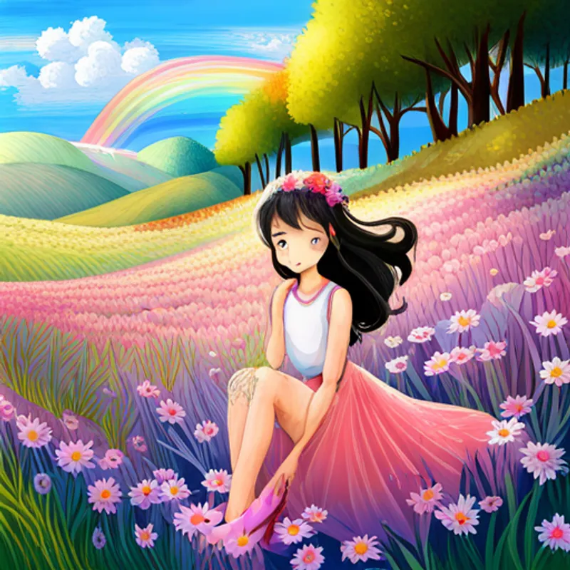 Curly black hair, blue dress, pink shoes, rainbow headband and White unicorn with rainbow mane and golden horn playing in a field of flowers