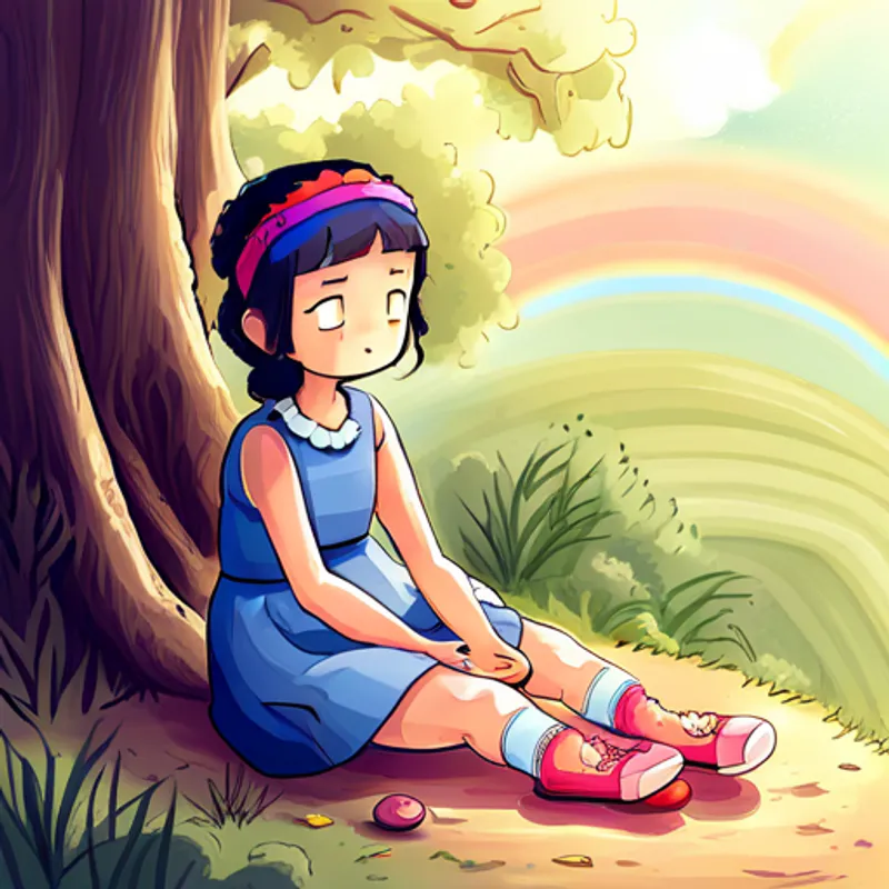 Curly black hair, blue dress, pink shoes, rainbow headband looking sad and searching for her pet
