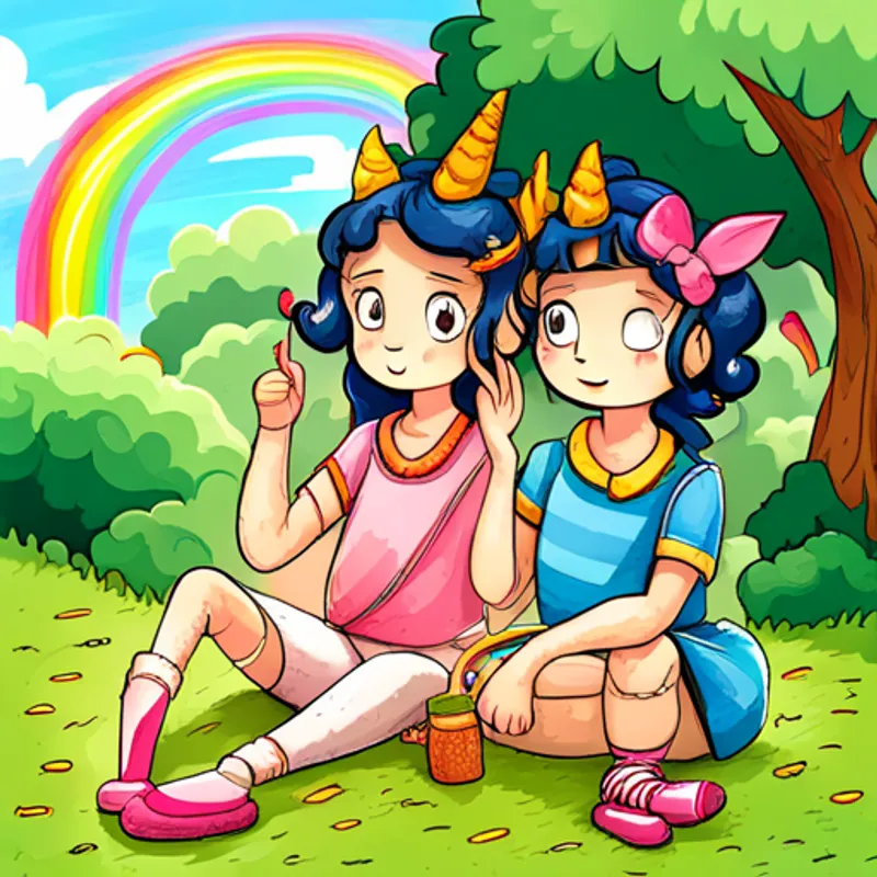 Curly black hair, blue dress, pink shoes, rainbow headband talking to her friends and showing a picture of White unicorn with rainbow mane and golden horn