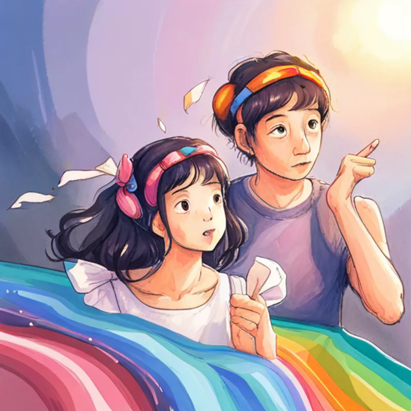 Curly black hair, blue dress, pink shoes, rainbow headband's friends nodding and pointing in different directions