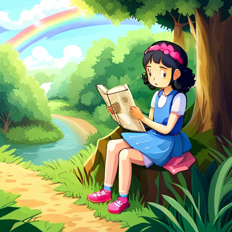 Curly black hair, blue dress, pink shoes, rainbow headband searching in the forest and looking at maps