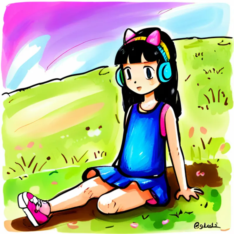 Curly black hair, blue dress, pink shoes, rainbow headband's ears perked up, listening intently