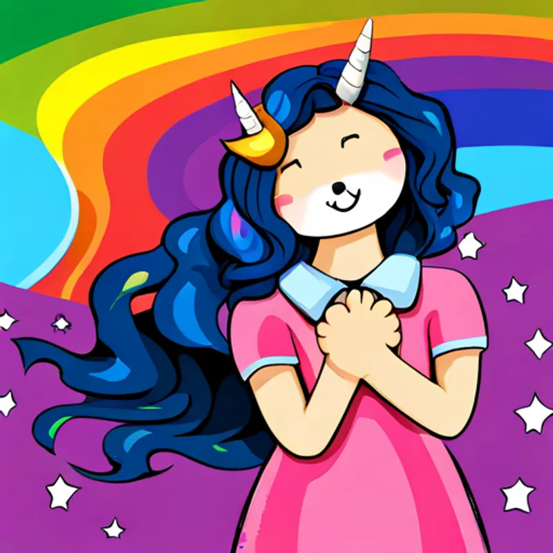 Curly black hair, blue dress, pink shoes, rainbow headband smiling and hugging White unicorn with rainbow mane and golden horn tightly