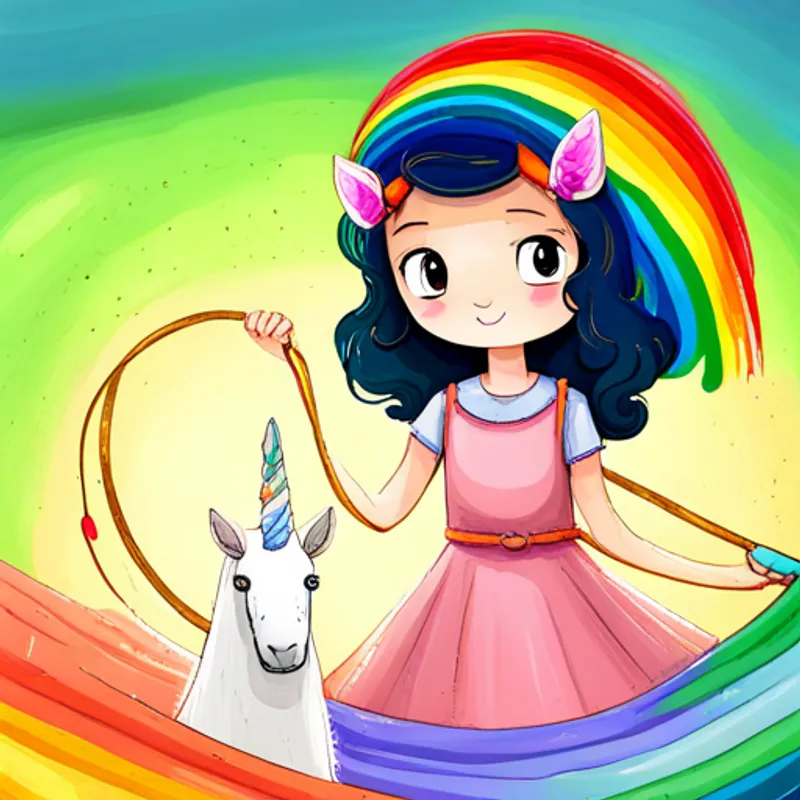 Curly black hair, blue dress, pink shoes, rainbow headband helping White unicorn with rainbow mane and golden horn out of a pit with a rope