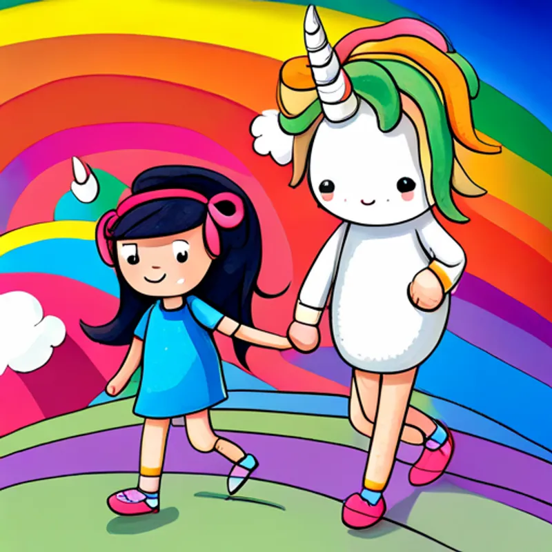 Curly black hair, blue dress, pink shoes, rainbow headband and White unicorn with rainbow mane and golden horn happily walking home together