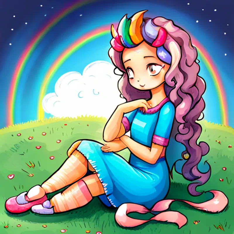 Curly black hair, blue dress, pink shoes, rainbow headband and White unicorn with rainbow mane and golden horn sitting together, listening attentively