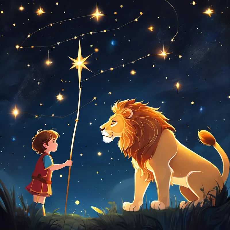 A young child with sparkling eyes and a curious smile talking to A constellation consisting of a powerful hunter, a fierce lion, and a mighty bow and A constellation resembling a majestic lion with a golden mane and shimmering eyes constellations, illuminated in the night sky