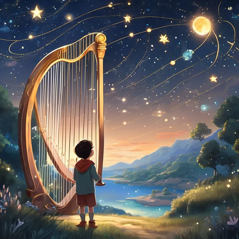 A young child with sparkling eyes and a curious smile talking to A constellation shaped like a harp, emanating a gentle glow constellation on a star island, surrounded by fading stars