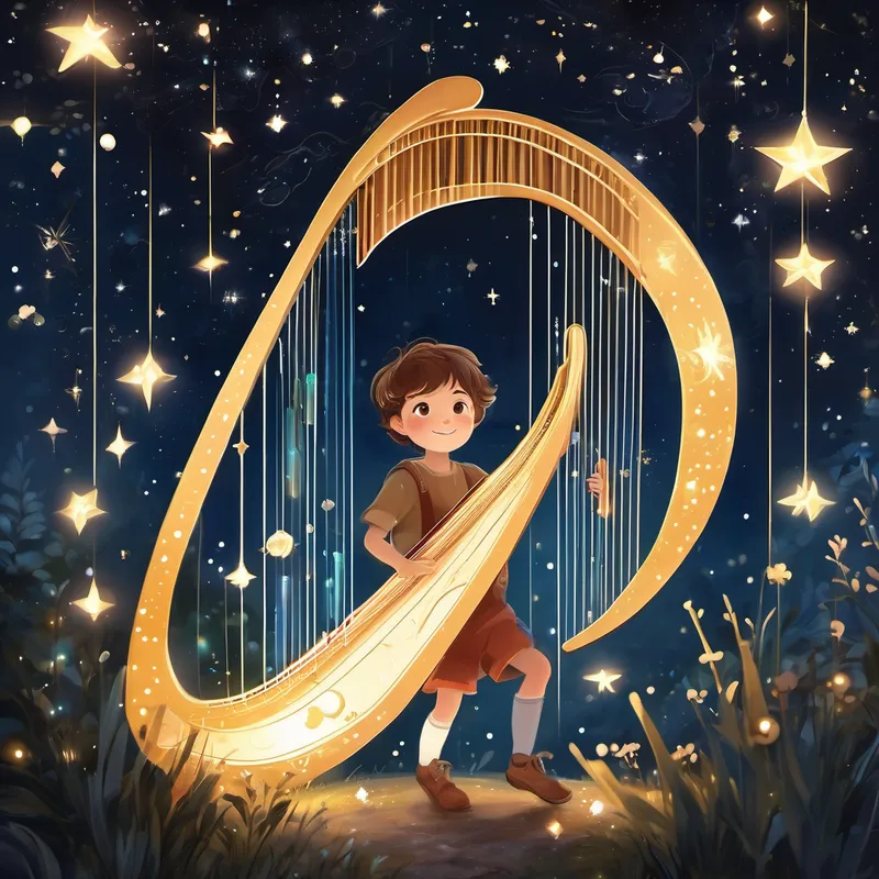 A young child with sparkling eyes and a curious smile and A constellation shaped like a harp, emanating a gentle glow discussing, surrounded by fading stars and a glimmer of hope