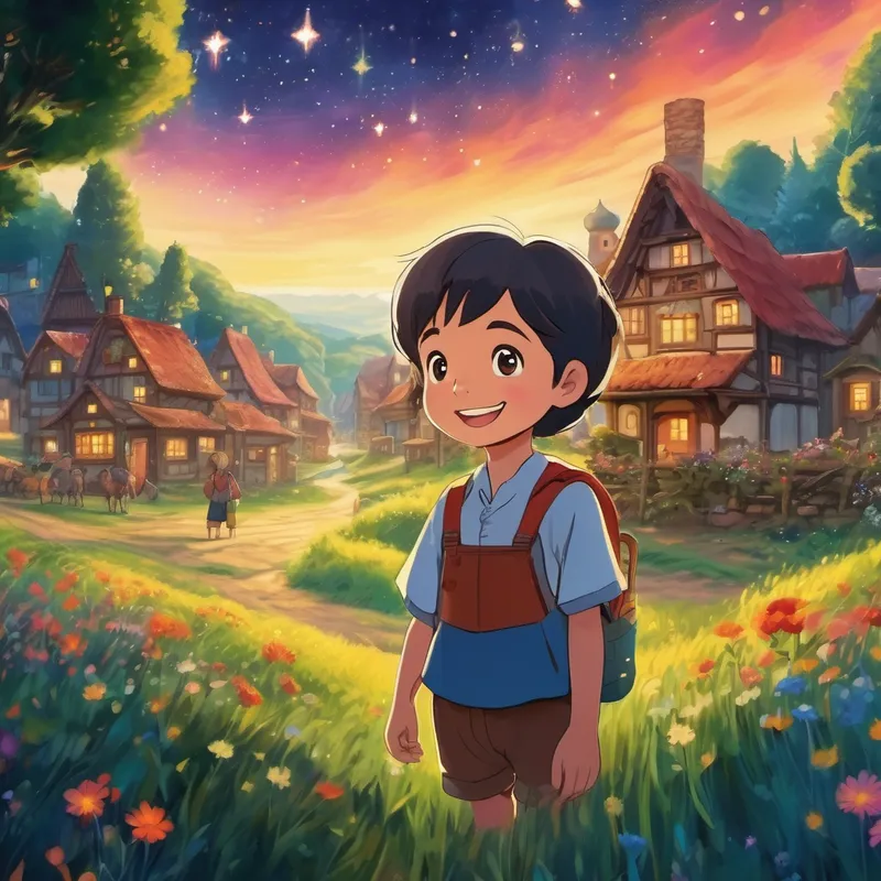 The village filled with vibrant stars, A young child with sparkling eyes and a curious smile standing in the center, surrounded by smiling villagers