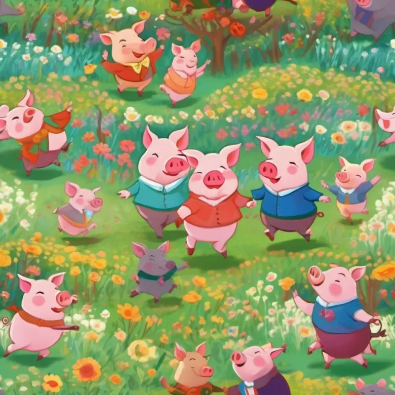 Three cheerful little pigs dancing and singing in a whimsical, colorful meadow