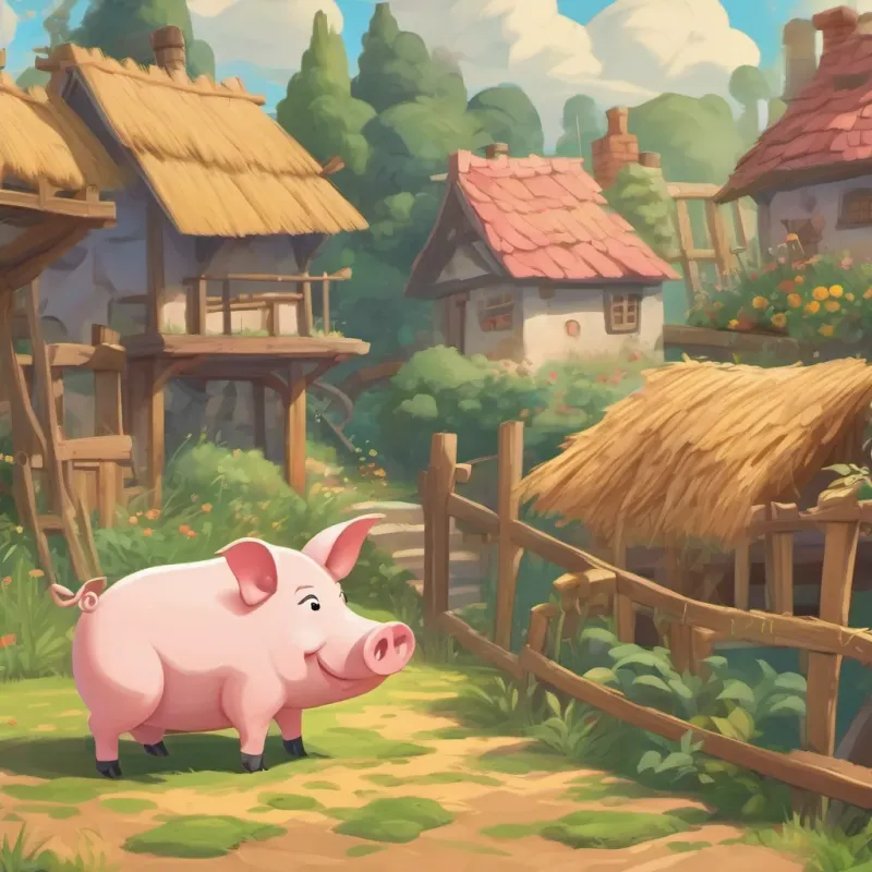 A lazy, smiling pig building a flimsy house of straw, sitting back with satisfaction