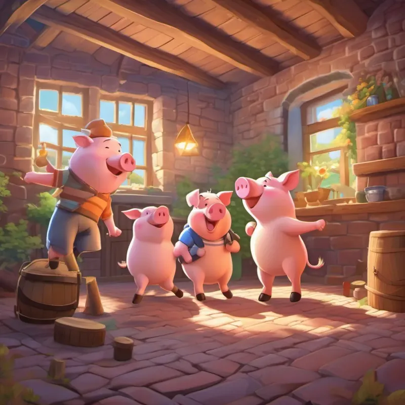 The three pigs celebrating inside the sturdy brick house, singing cheerfully