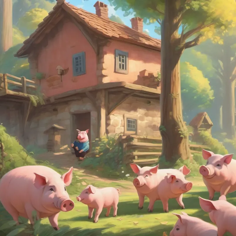 The three pigs working together happily, a more diligent and united group