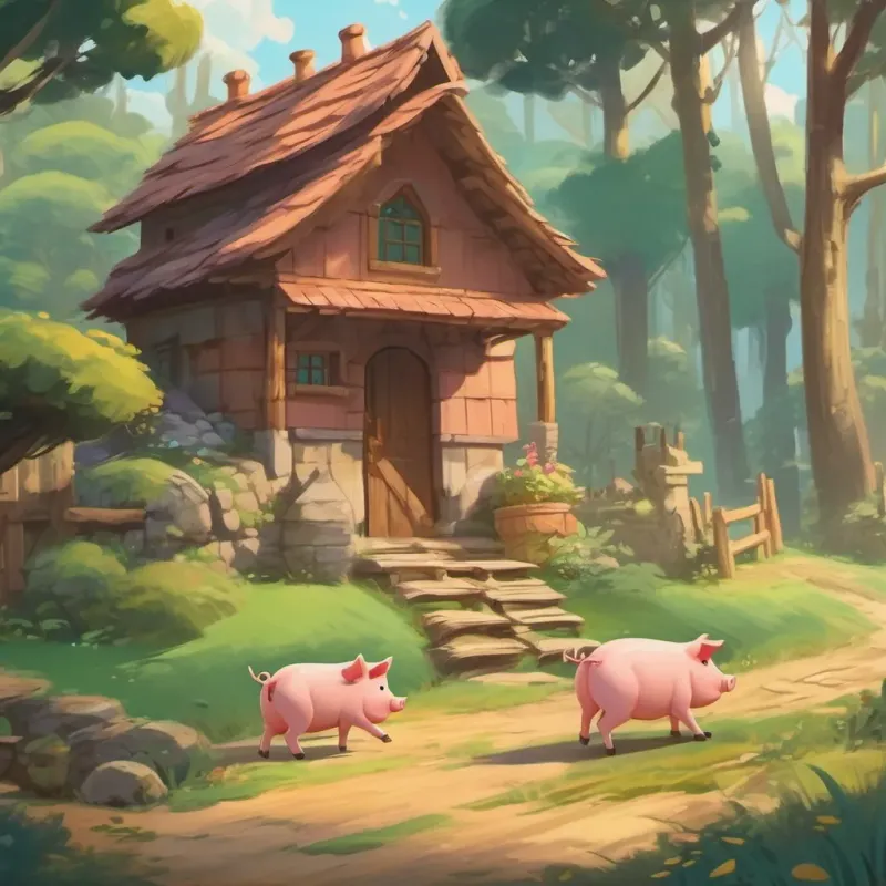 A pig briskly constructing a neat stick house, then skipping off happily