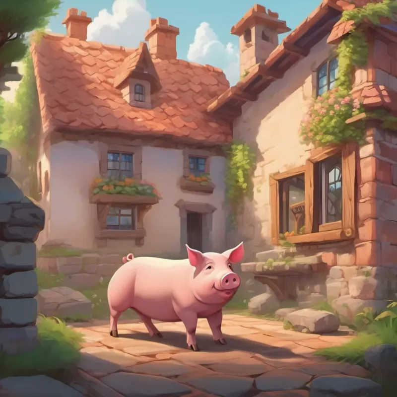 A focused pig laying bricks diligently, a sturdy house forming