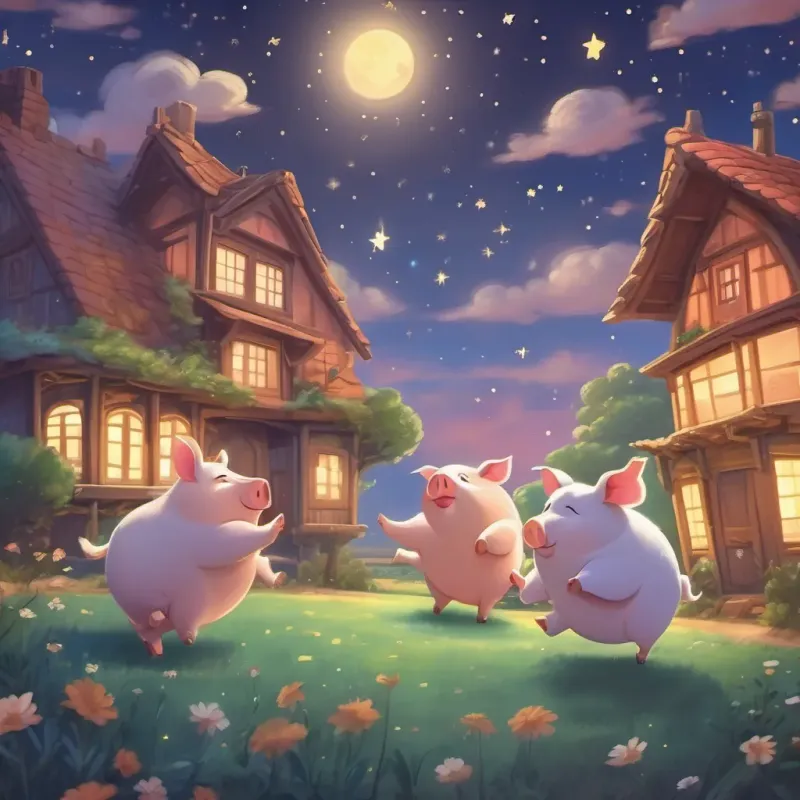 The two lazy pigs dancing under a bright, starry sky, their houses in the background