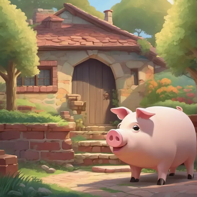 The diligent pig looking at his brick house proudly, with a thoughtful expression