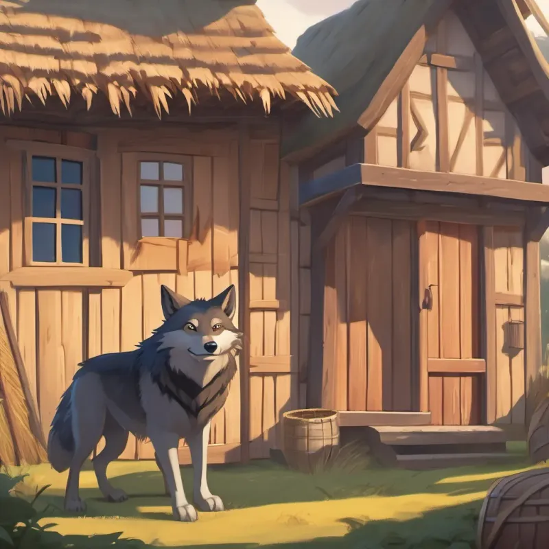 A cunning A sly and cunning wolf with a sneer and sharp teeth, looking menacing standing in front of the straw house, huffing and puffing menacingly