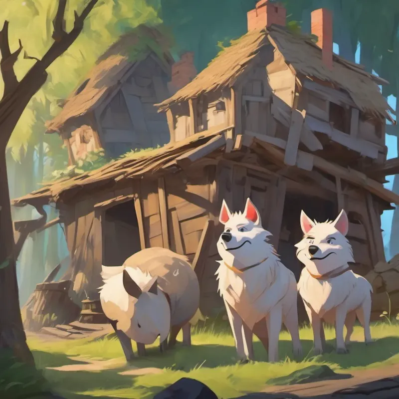 The straw and stick houses collapsing under the A sly and cunning wolf with a sneer and sharp teeth, looking menacing's huffing and puffing, pigs looking worried