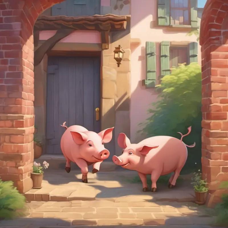 The two lazy pigs rushing into the brick house, the third pig closing the sturdy door