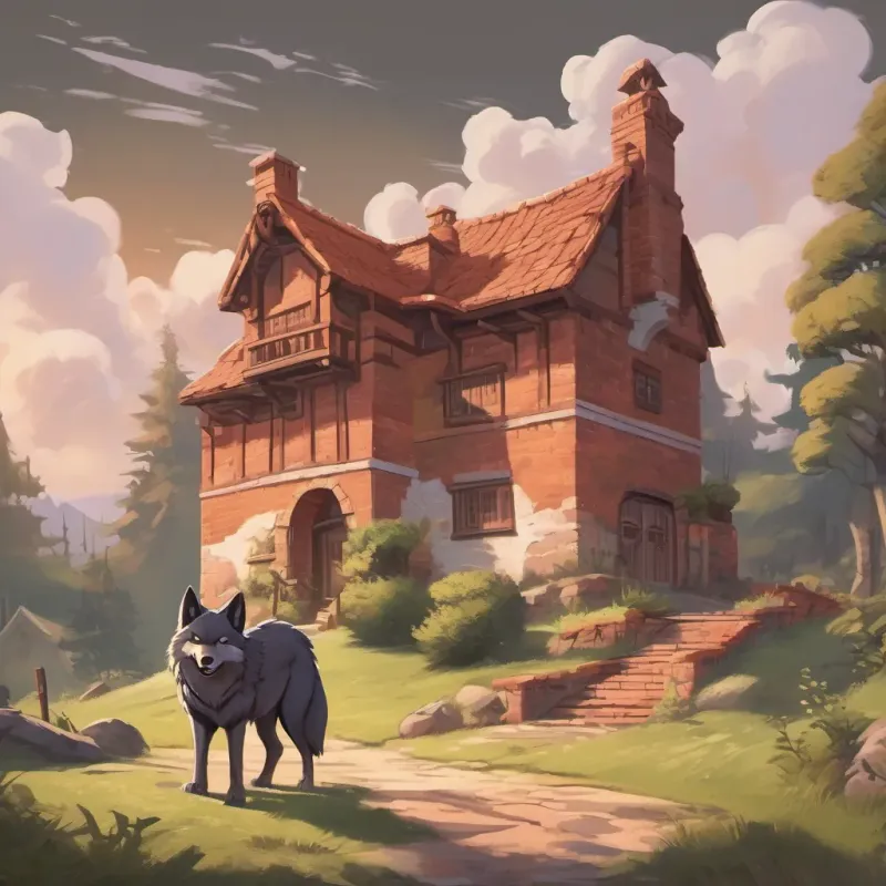 The A sly and cunning wolf with a sneer and sharp teeth, looking menacing giving up, walking away defeated, the brick house standing tall and strong