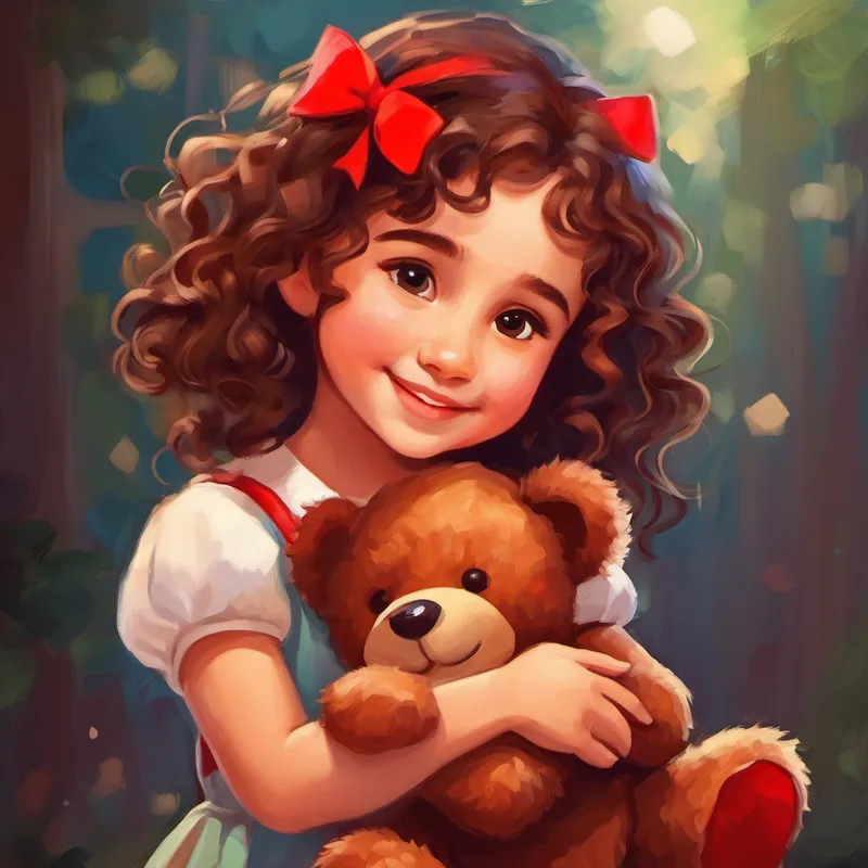 Lina - a happy girl with curly brown hair hugging her teddy bear - cuddly and brown with a red bow tightly, feeling happy