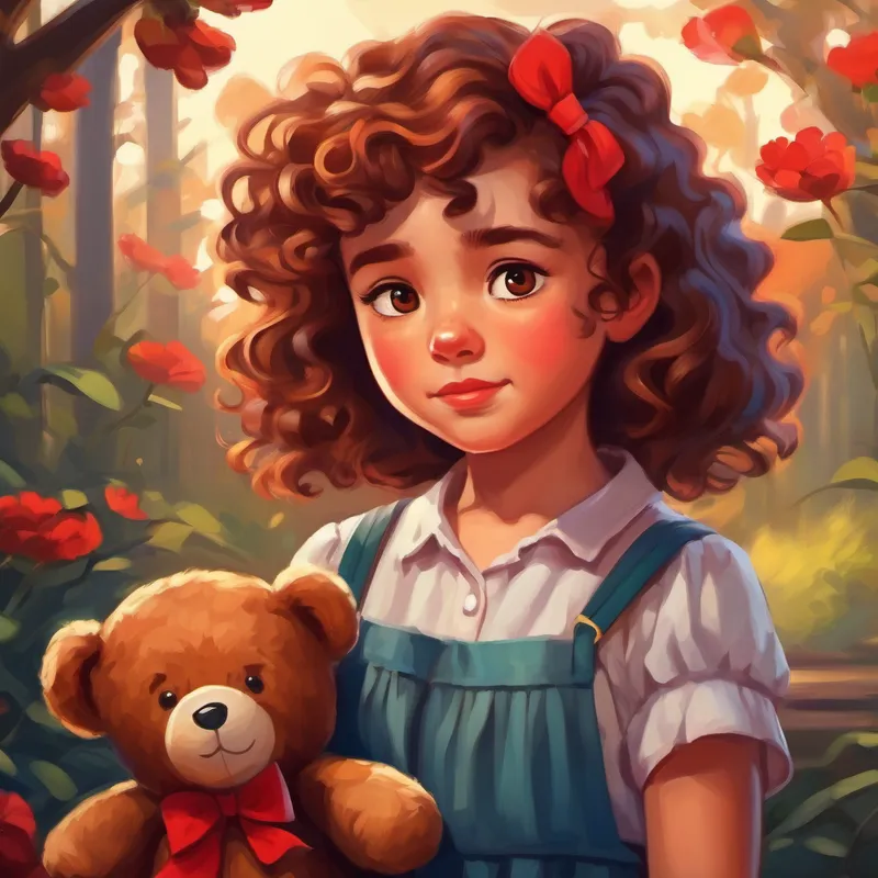 Lina - a happy girl with curly brown hair looking sad and searching for her teddy bear - cuddly and brown with a red bow