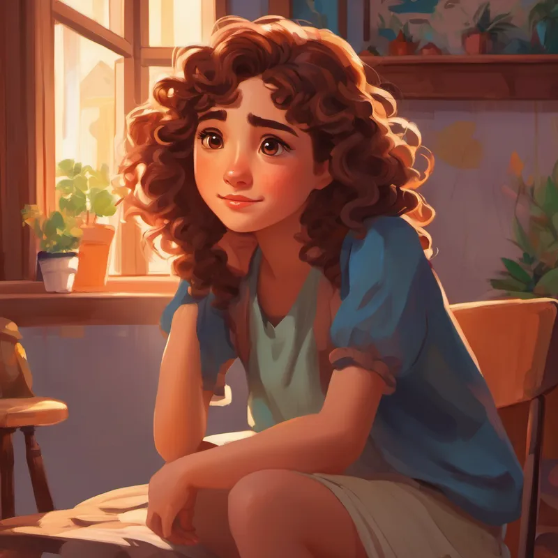 Lina - a happy girl with curly brown hair sitting alone in her room, looking sad