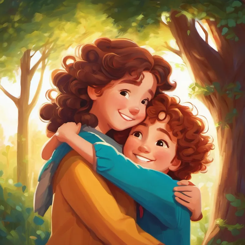 Lina - a happy girl with curly brown hair hugging her friend happily