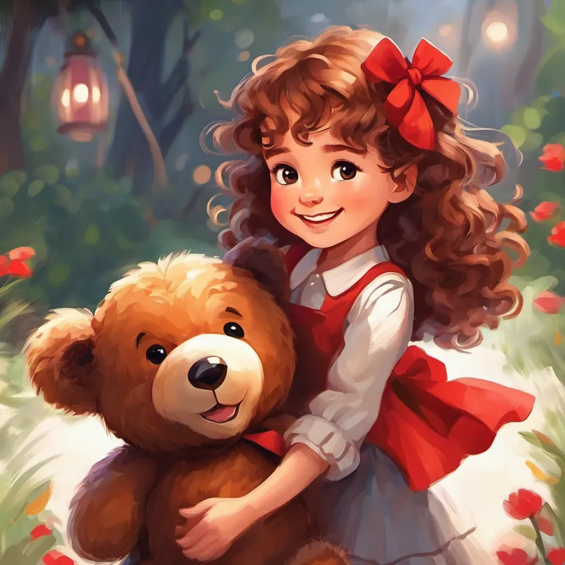 Lina - a happy girl with curly brown hair and her teddy bear - cuddly and brown with a red bow playing together joyfully