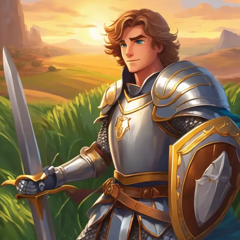 Introducing knights Courageous knight with brown hair and blue eyes, wears silver armor and Determined knight with blond hair and green eyes, wears golden armor in Brightvale at sunrise.