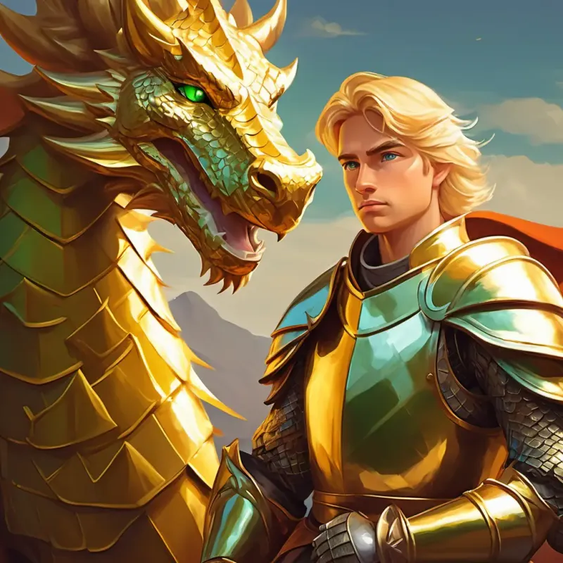 Determined knight with blond hair and green eyes, wears golden armor offers peace if the dragon changes its ways.