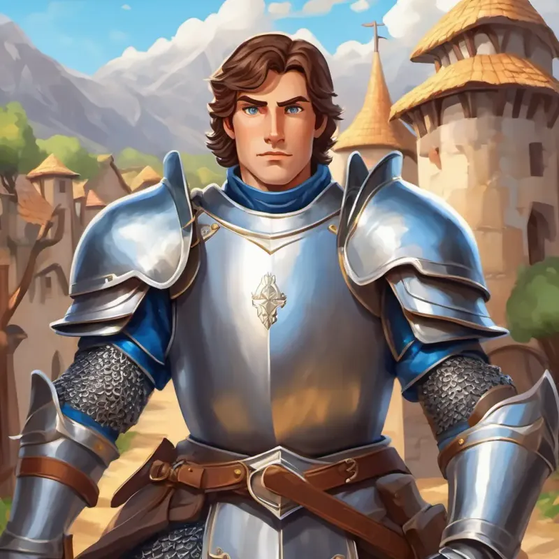 Courageous knight with brown hair and blue eyes, wears silver armor is determined to defend the village.