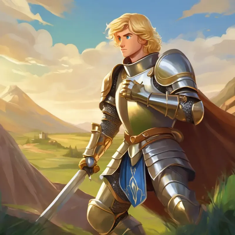 Determined knight with blond hair and green eyes, wears golden armor agrees with Courageous knight with brown hair and blue eyes, wears silver armor and suggests teamwork.