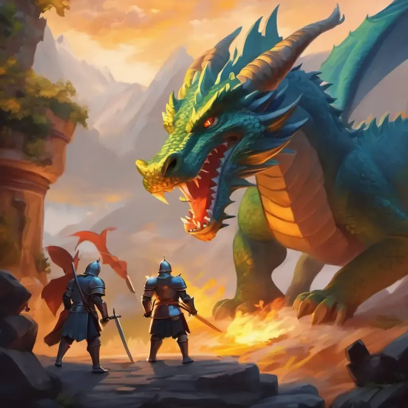 The dragon confronts the knights with a roar.