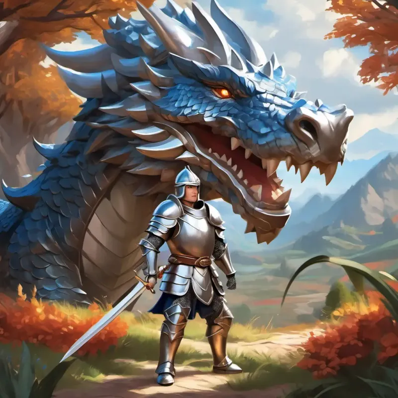 Courageous knight with brown hair and blue eyes, wears silver armor challenges the dragon with a statement of protection.