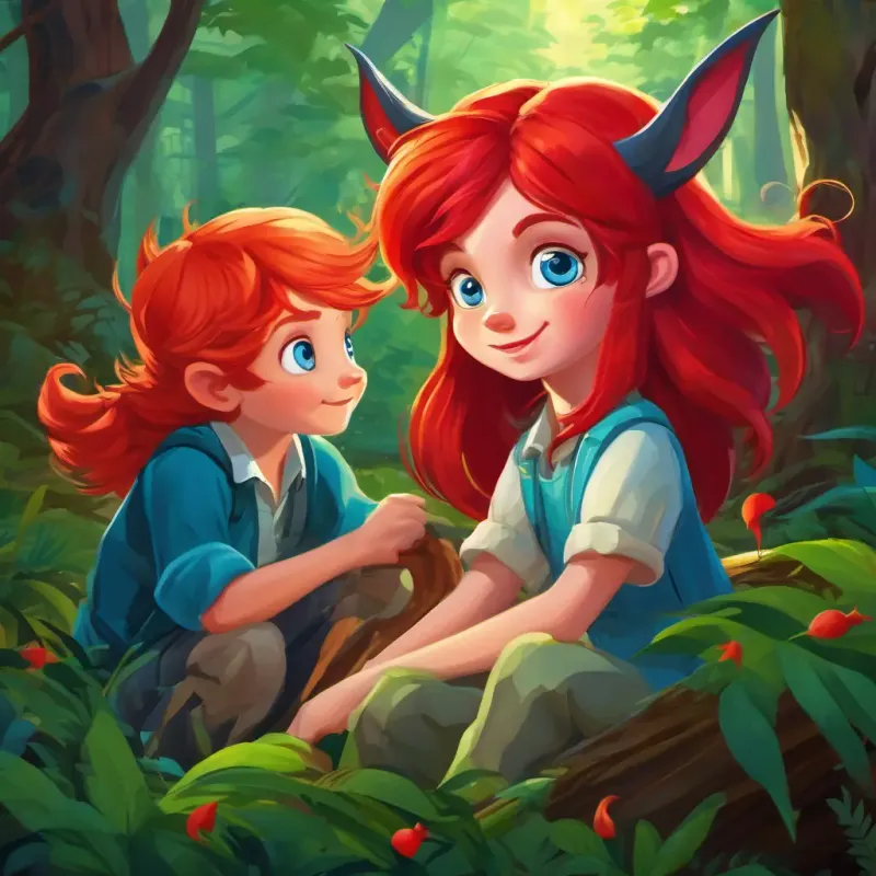 Bright red hair, blue eyes, adventurous and kind-hearted encounters the mischievous devils in the forest. Description of the mischievous devils.