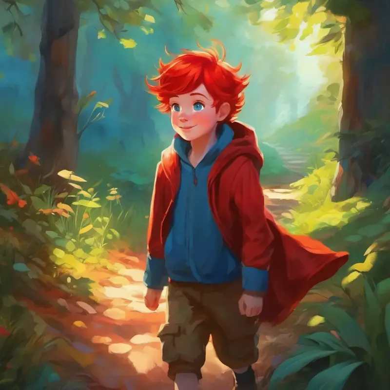 Bright red hair, blue eyes, adventurous and kind-hearted recalling his grandma's advice and deciding to approach the devils with kindness.