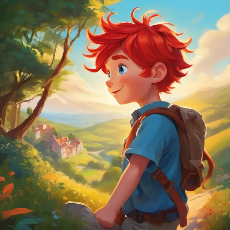 Bright red hair, blue eyes, adventurous and kind-hearted reflects on his day and the joy of making new friends through bravery and kindness.