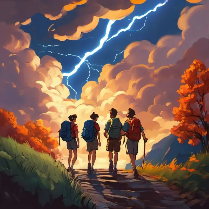 Friends hiking, It was dark and loud, with big, grumbly clouds and bright flashes of lightning approaching, worried expressions