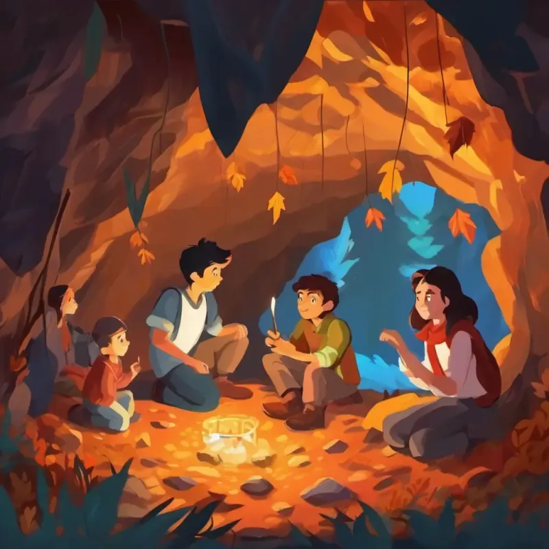 Friends in the cave, telling stories, playing games, creating shadow puppets