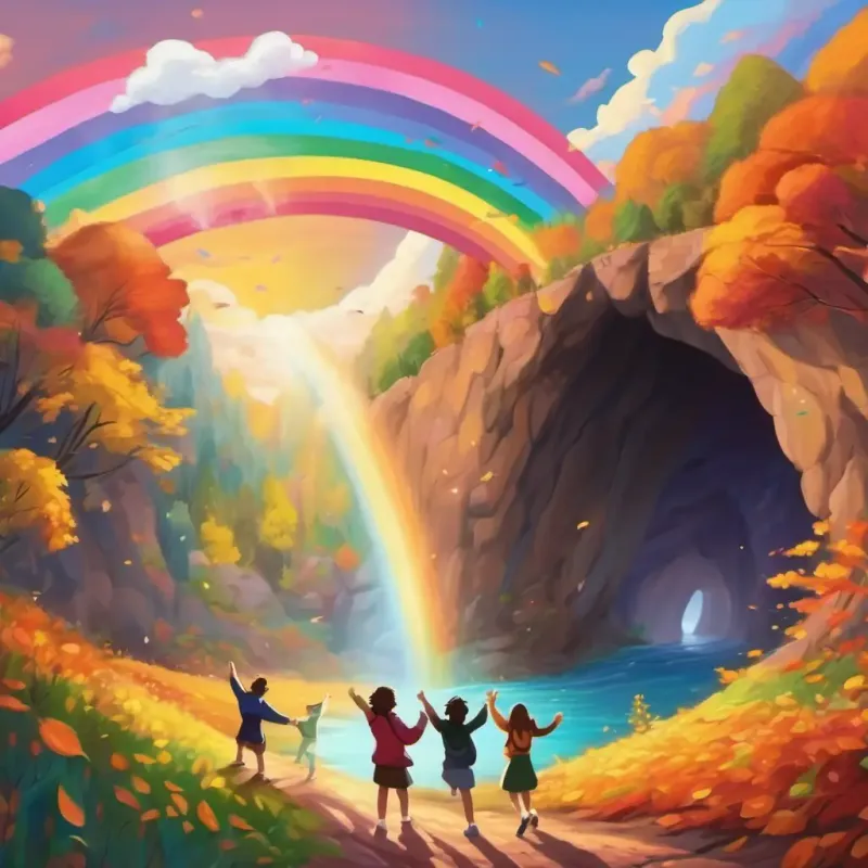 Friends emerging from the cave, rainbow in the sky, cheering and dancing