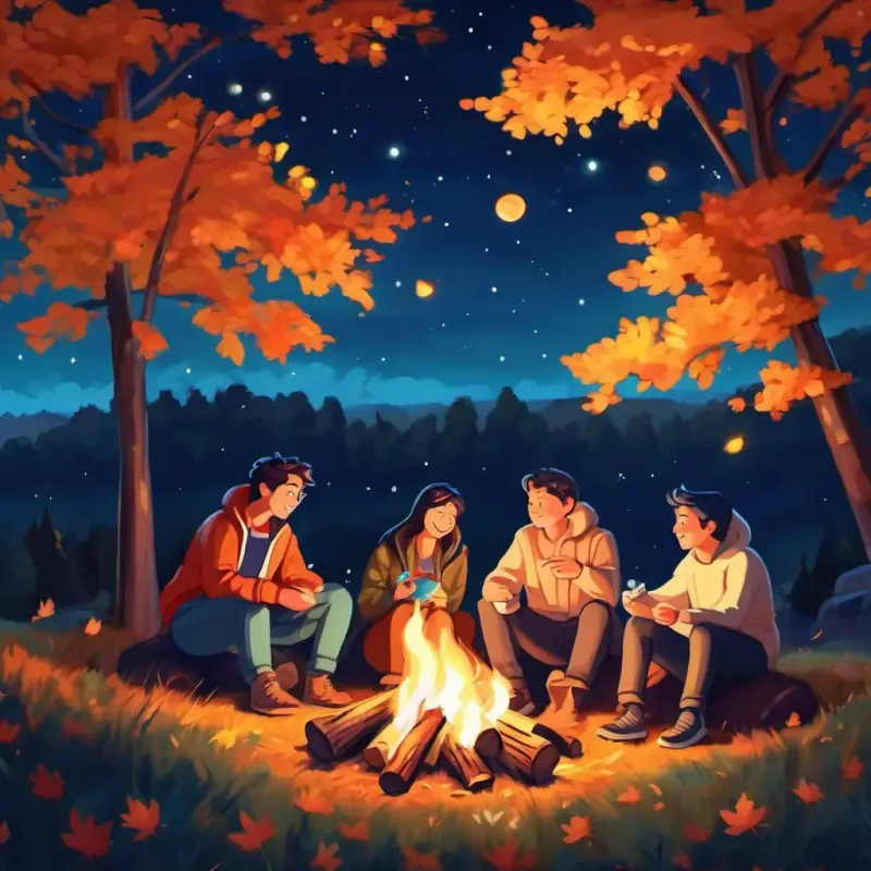 Friends setting up campfire, roasting marshmallows, looking at stars, feeling happy