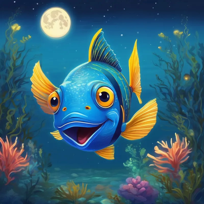 Blue fish with fins and a curious expression looking at the moon while swimming
