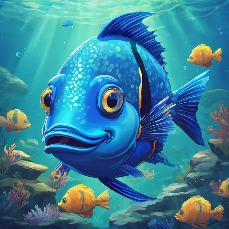 Blue fish with fins and a curious expression and Tim discussing under the sea