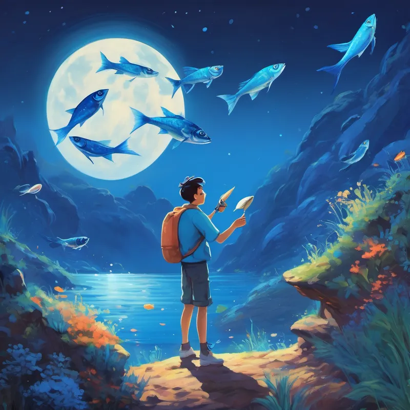 Tim showing Blue fish with fins and a curious expression pictures of the moon's surface