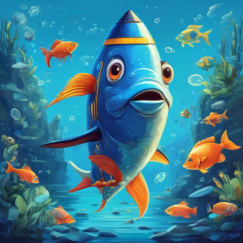 Blue fish with fins and a curious expression building a rocket with his fish friends