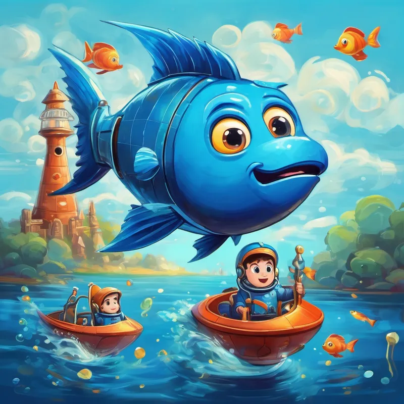 Blue fish with fins and a curious expression and his friends in the rocket ship